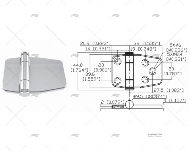 HINGE BUTTERFLY UP 39.6 x 59.9mm INOX 31 MARINE TOWN
