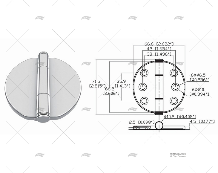 DOBRADIÇA BORBOLETA UP 66.2 x 66.6mm INOX MARINE TOWN
