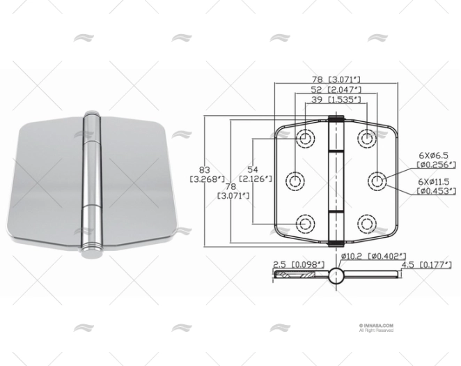 HINGE BUTTERFLY CENTER 78 x 78mm INOX 31 MARINE TOWN