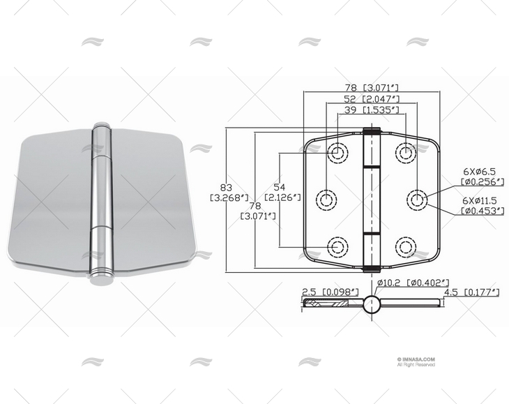 HINGE BUTTERFLY CENTER 78 x 78mm INOX 31 MARINE TOWN