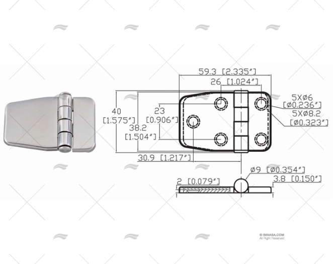 DOBRADIÇA C/TAMPA 38.2 X 59.3 mm INOX 316 MARINE TOWN