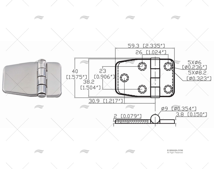 CERNIERA C/COPERCHIO 38.2 X 59.3 mm INOX 316 MARINE TOWN