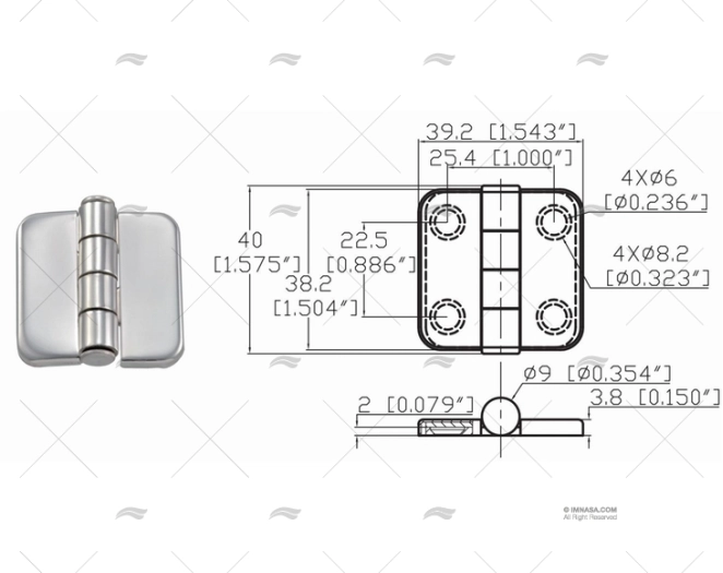CHARNIERE A/COUVERCLE 38.2x39.2 mm INOX MARINE TOWN