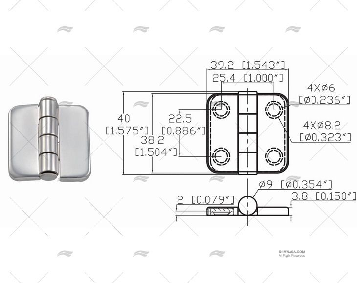 COVERED HINGE 38.2 X 39.2 mm INOX 316 MARINE TOWN