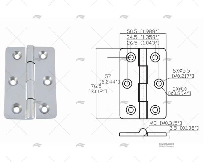 CHARNIERE UP 76.5 X 50.5mm INOX 316 MARINE TOWN