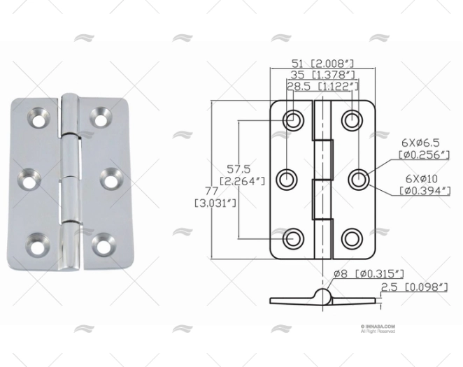 BUTT HINGE UP 77 X 51mm INOX 316 MARINE TOWN