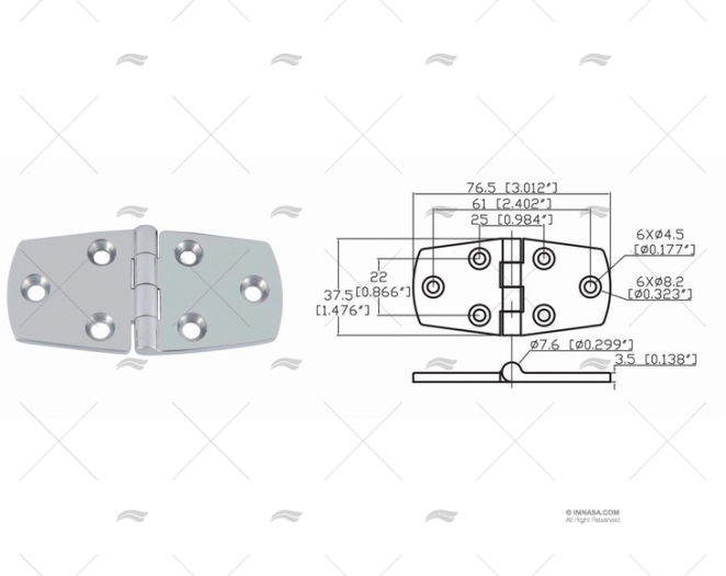 CHARNIERE UP 37.5 X 76.5mm INOX 316 MARINE TOWN