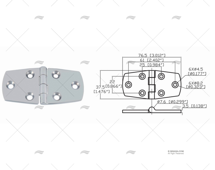 UTILITY HINGE UP 37,5 X 76,5mm INOX 316 MARINE TOWN