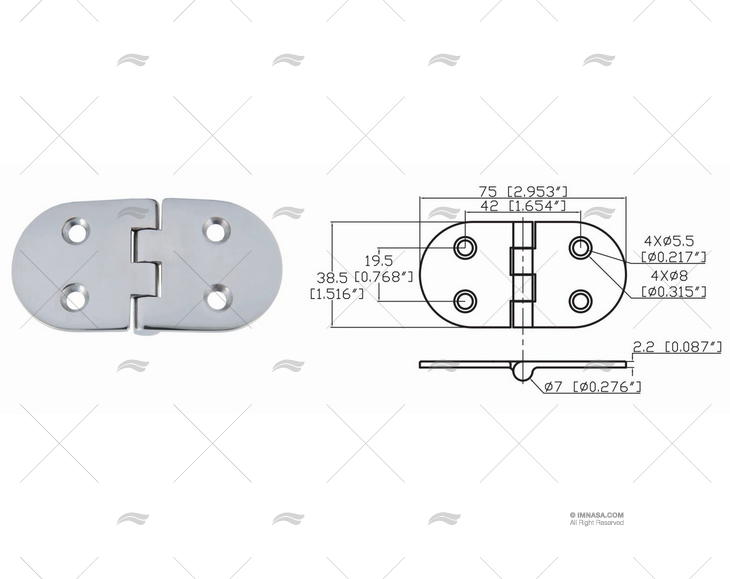 CERNIERA RIBALTABILE 38.5 X 75mm INOX 316 MARINE TOWN