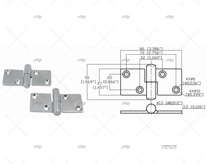 CERNIERA SINISTRA SUPERIORE 37 X 86mm INOX 316 (2PZ) MARINE TOWN