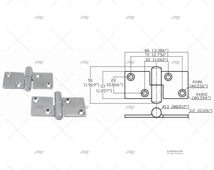 CERNIERA SINISTRA SUPERIORE 37 X 86mm INOX 316 (2PZ) MARINE TOWN