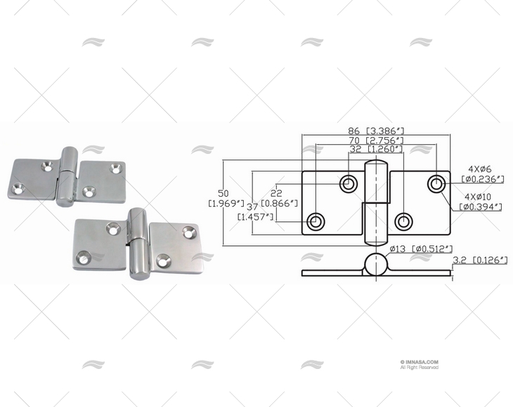CERNIERA APERTURA VERSO L'ALTO A DESTRA 37 X 86mm INOX 316 (2U) MARINE TOWN