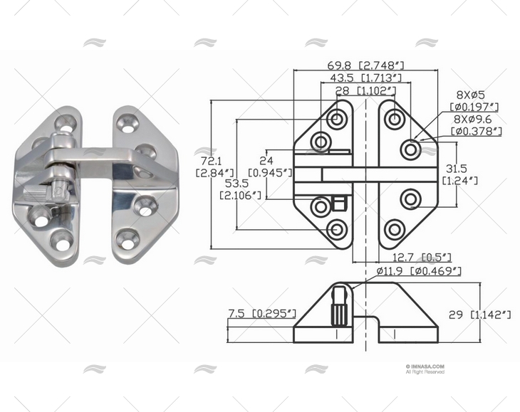 CERNIERA CON/PERNO 72 X 69.8mm INOX 316 MARINE TOWN