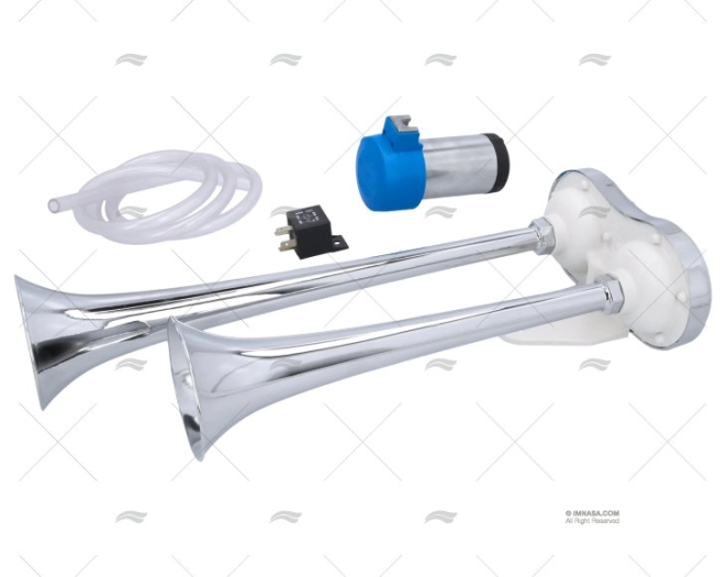 BUZINA 12V DUPLO C/COMPRESSOR PLÁSTICO.CROMADO MOLDURA